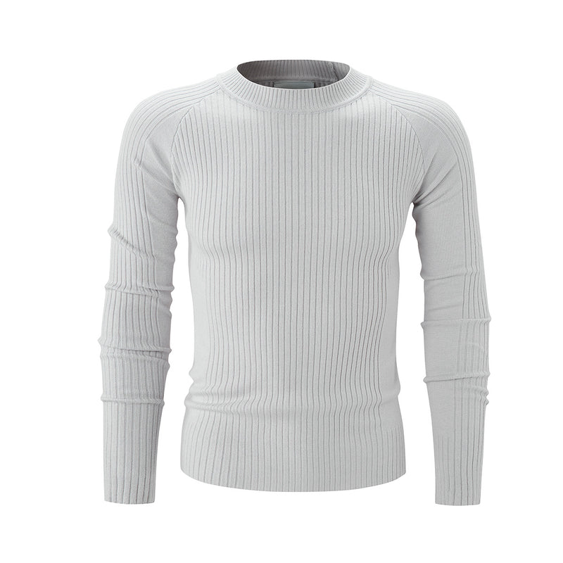 Men's slim-fit ribbed knit crewneck sweater in light grey, front view