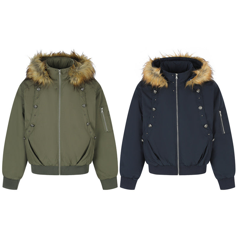 Men's Hooded Bomber Jacket with Detachable Fur-Trim Hood & Military Button