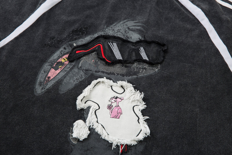 T-shirt graphique à manches longues – Imprimé écusson lapin streetwear, rayures et manches raglan