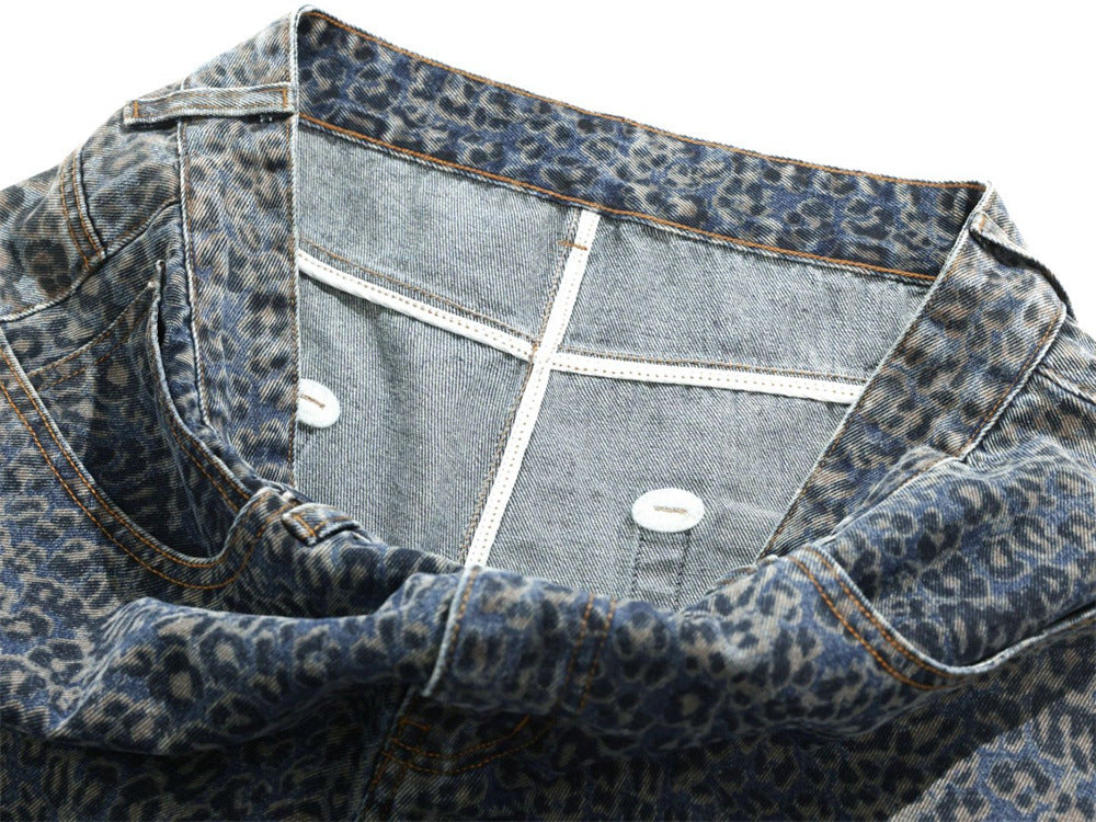 Leopard Print Wide-Leg Baggy Jeans – Oversized Curved Denim Pants