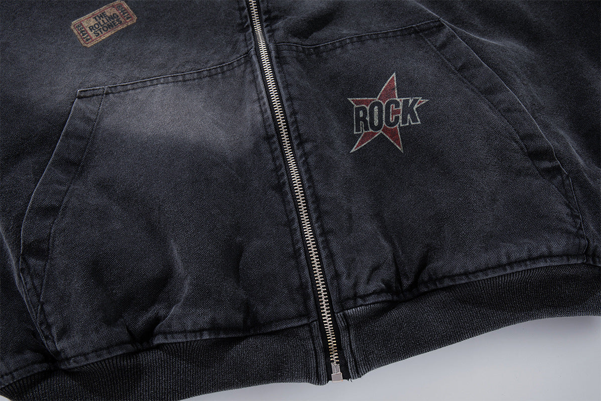 Rolling Stones Patch Hooded Bomber Jacket – Washed Black Vintage Graphic