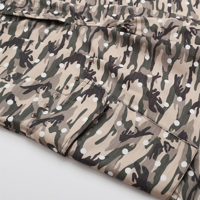 Close-up of camo cargo shorts pocket flap with snap buttons and white dot print