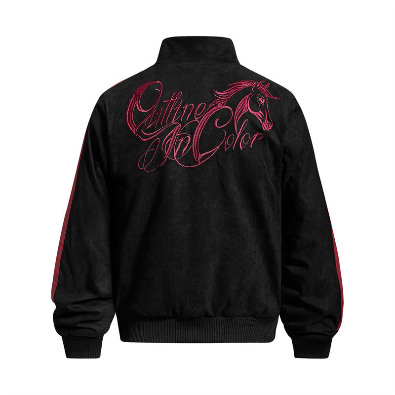 Suede Bomber Jacket Men's Black Embroidered Stand-Collar Track Jacket