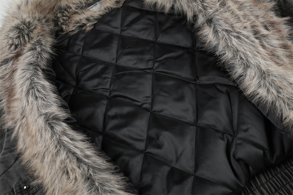 Men's Faux Fur-Lined Bomber Jacket – Studded Workwear Cotton Padded Coat
