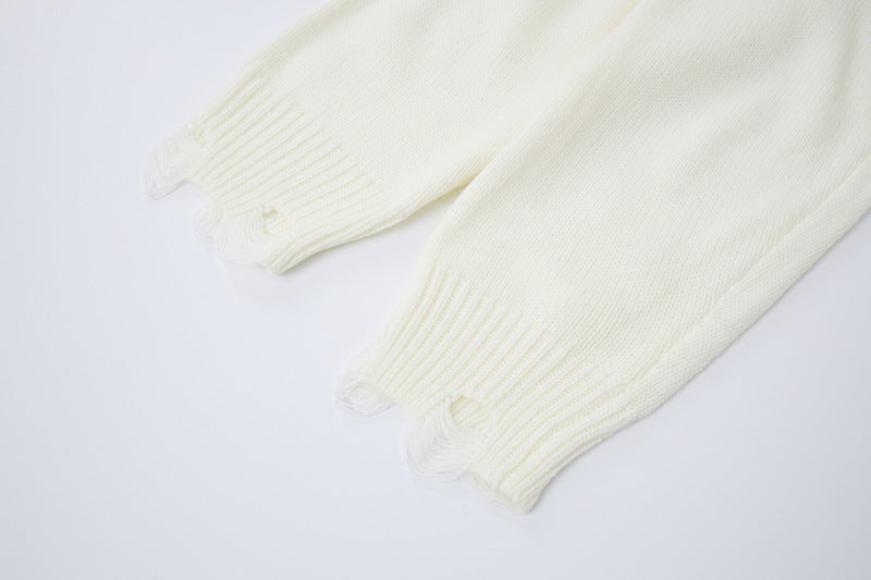 Oversize-Kreuz-Strickpullover – Distressed-Rundhals mit Jacquard-Kreuz