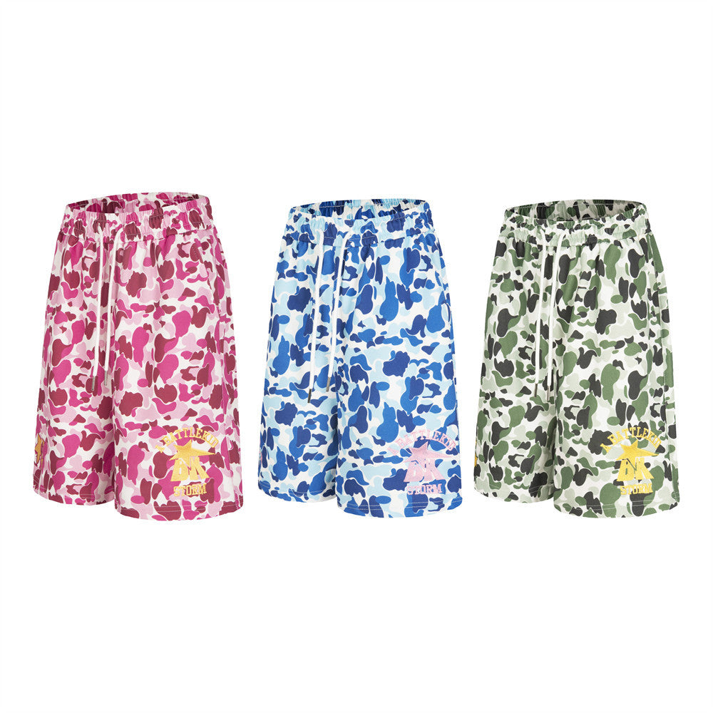 Camo Print Shorts Men Star Embroidery Elastic Waist Streetwear Basketball Shorts