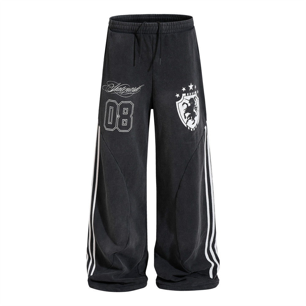 Baggy Wide-Leg Sweatpants – Black Vintage Graphic with Side Stripe Detail