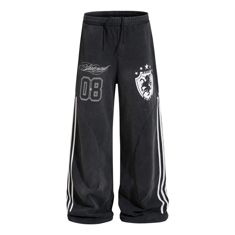 Baggy Wide-Leg Sweatpants – Black Vintage Graphic with Side Stripe Detail