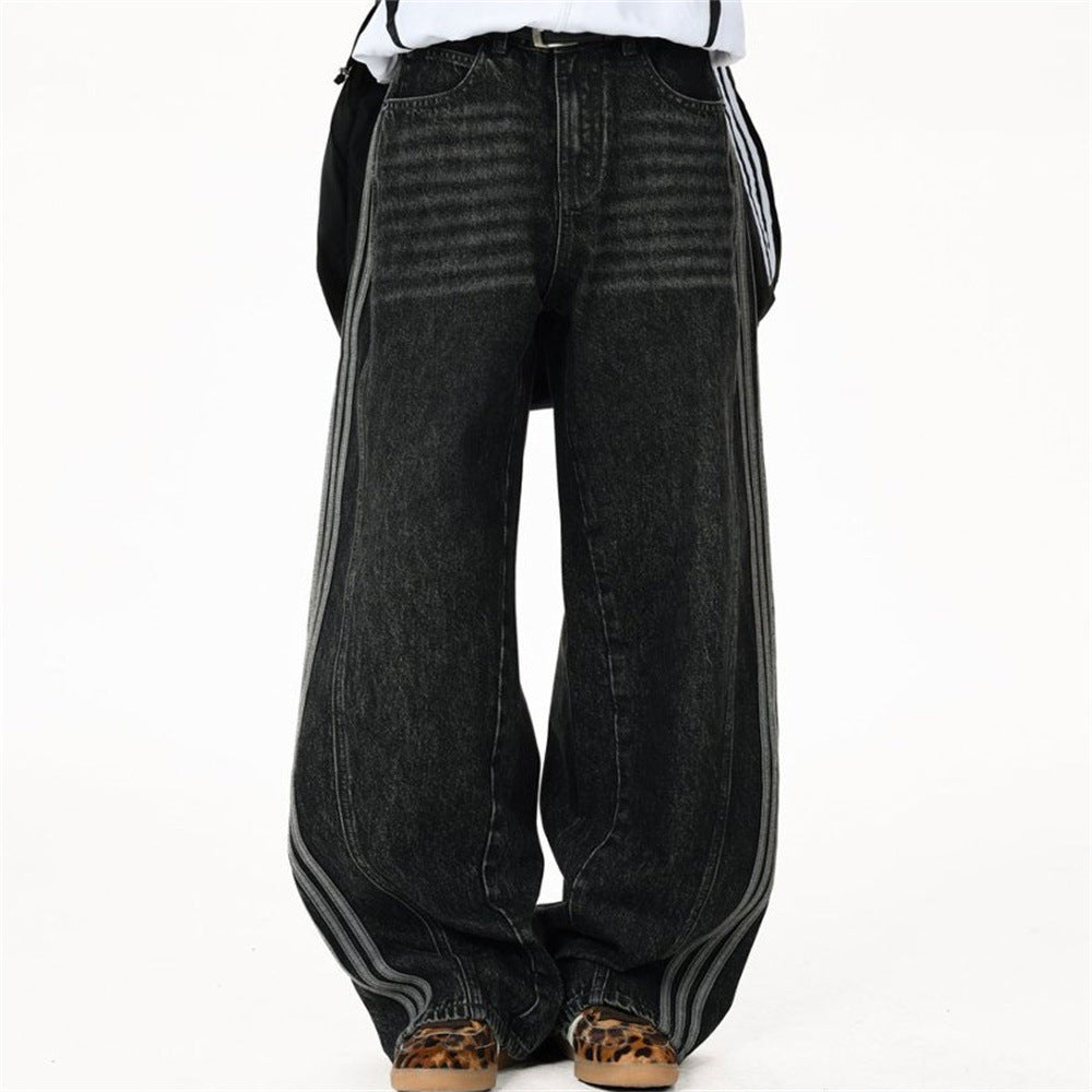 Wide Leg Dad Jeans – Washed Black Denim with Side Stripe Detail