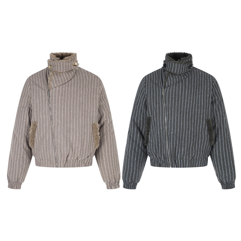 Pinstripe Zip-Up Bomber Jacket with Sherpa Collar & Pocket Trim