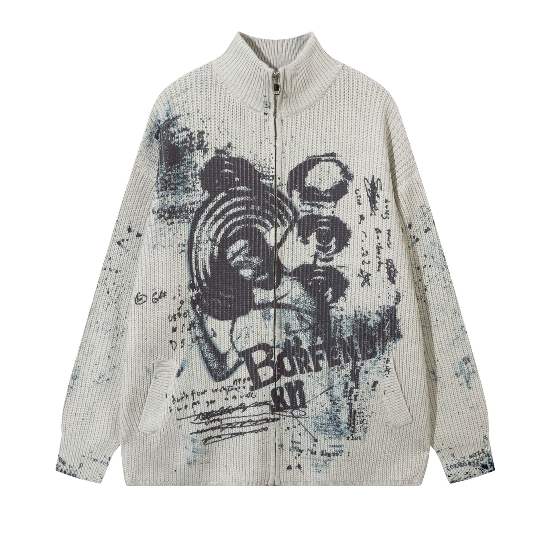 Veste-pull zippée en maille côtelée crème, avec motif ours graffiti et imprimé éclaboussures d’encre sur le devant et le dos