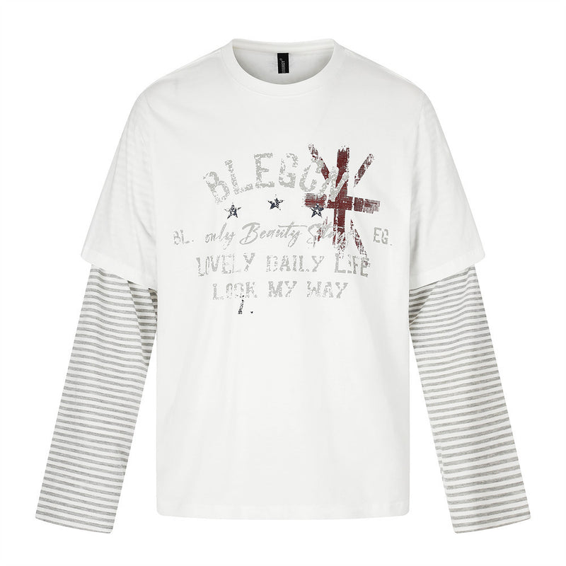 Faux-Layered Graphic Long Sleeve Tee with Black & White Striped Sleeves