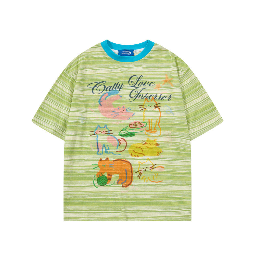Catty Love Cartoon Cat Graphic Striped T-Shirt