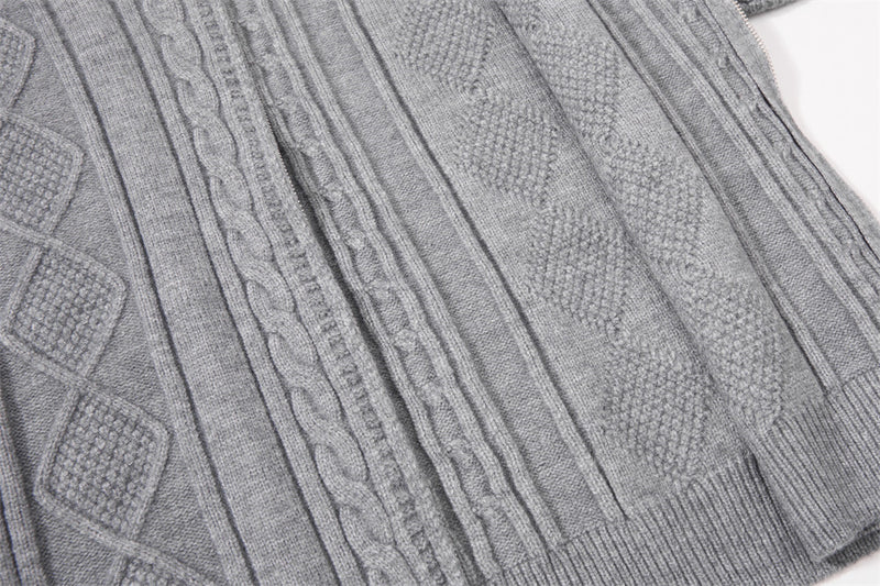 Sweat à capuche zippé en maille torsadée à motif losanges et capuche à cordon