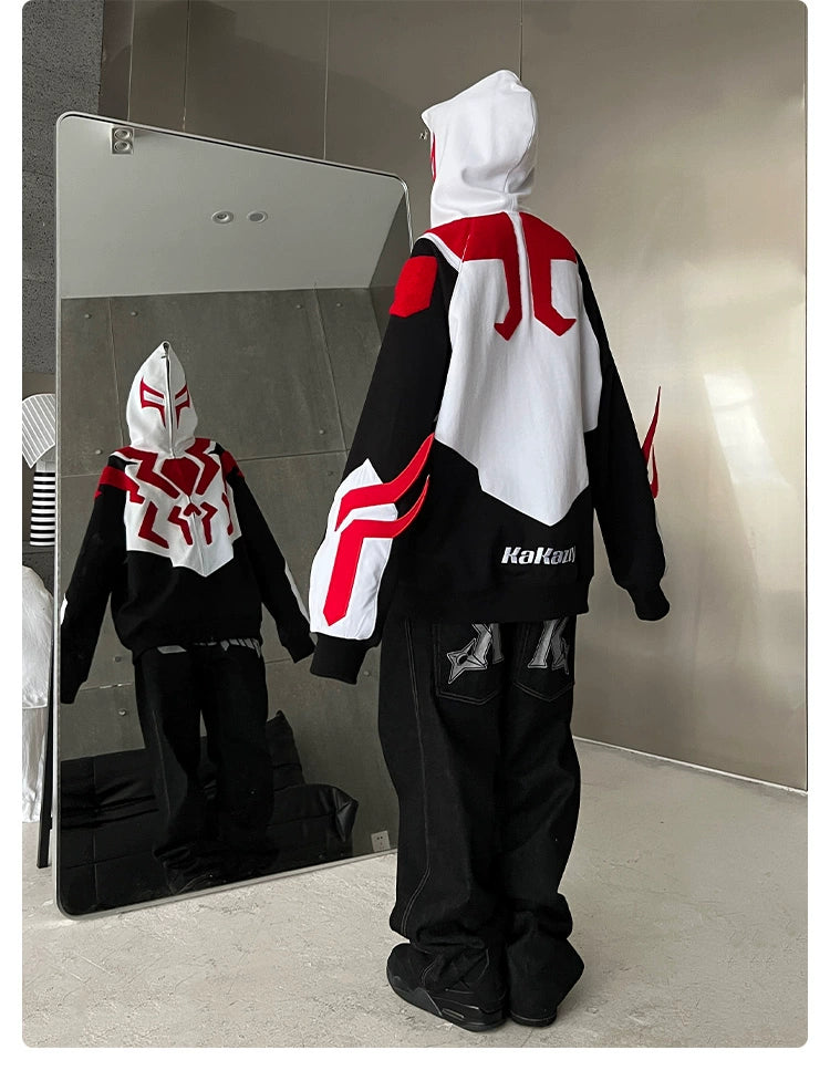 Superhero-Inspired Hoodie - 400GSM Oversized Black, Red, and White Zip-Up Streetwear Sweatshirt