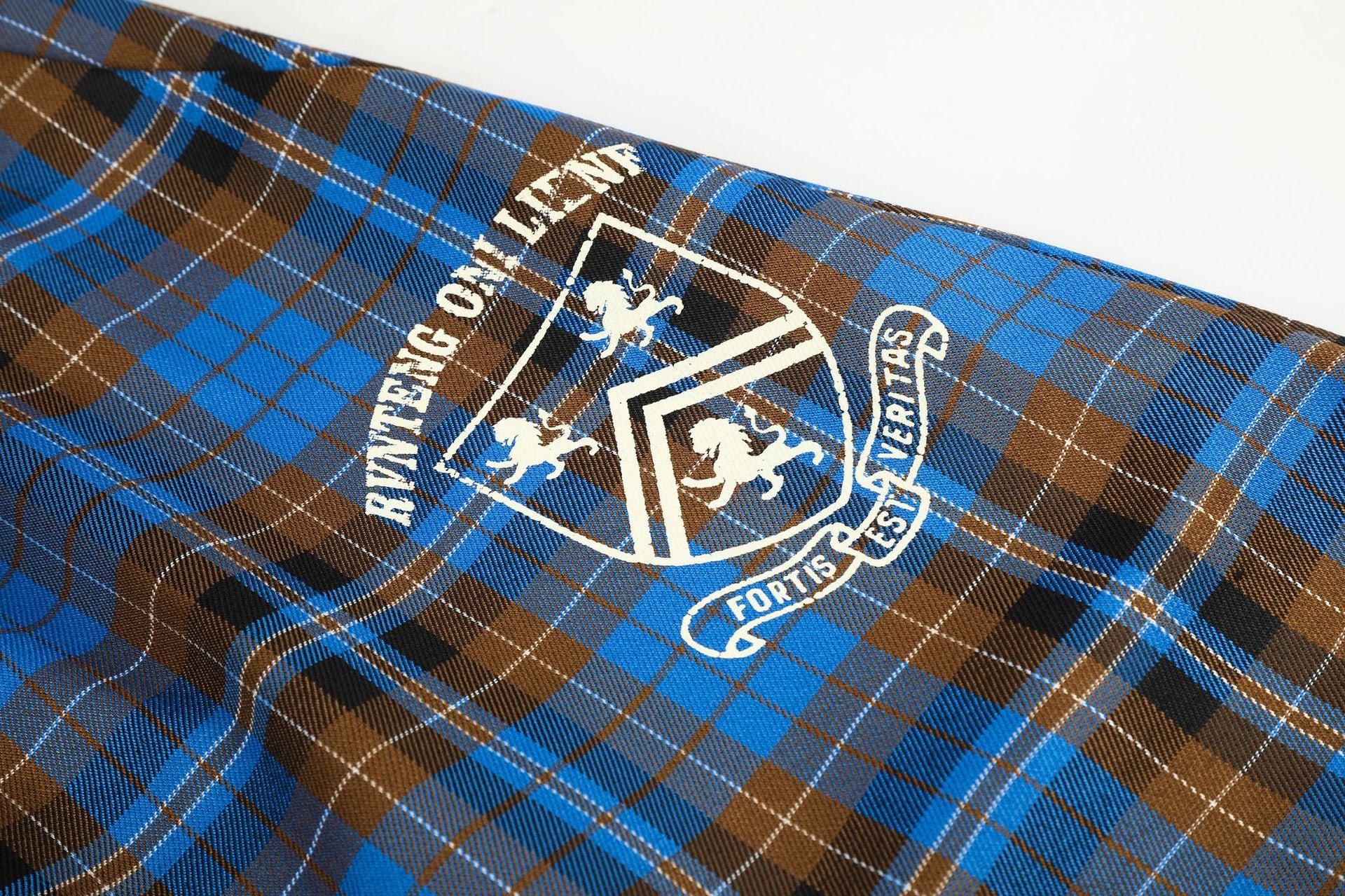 Wide-Leg Plaid Pants – Blue Tartan Baggy Fit with Crest Graphic & Drawstring Hem