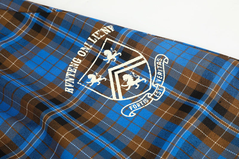 Wide-Leg Plaid Pants – Blue Tartan Baggy Fit with Crest Graphic & Drawstring Hem