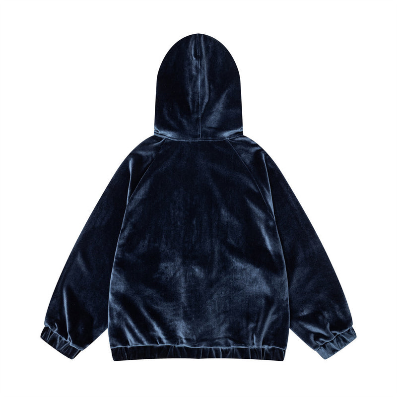Sudadera de terciopelo con cremallera y estampado de perro de dibujos – Corte oversize color block