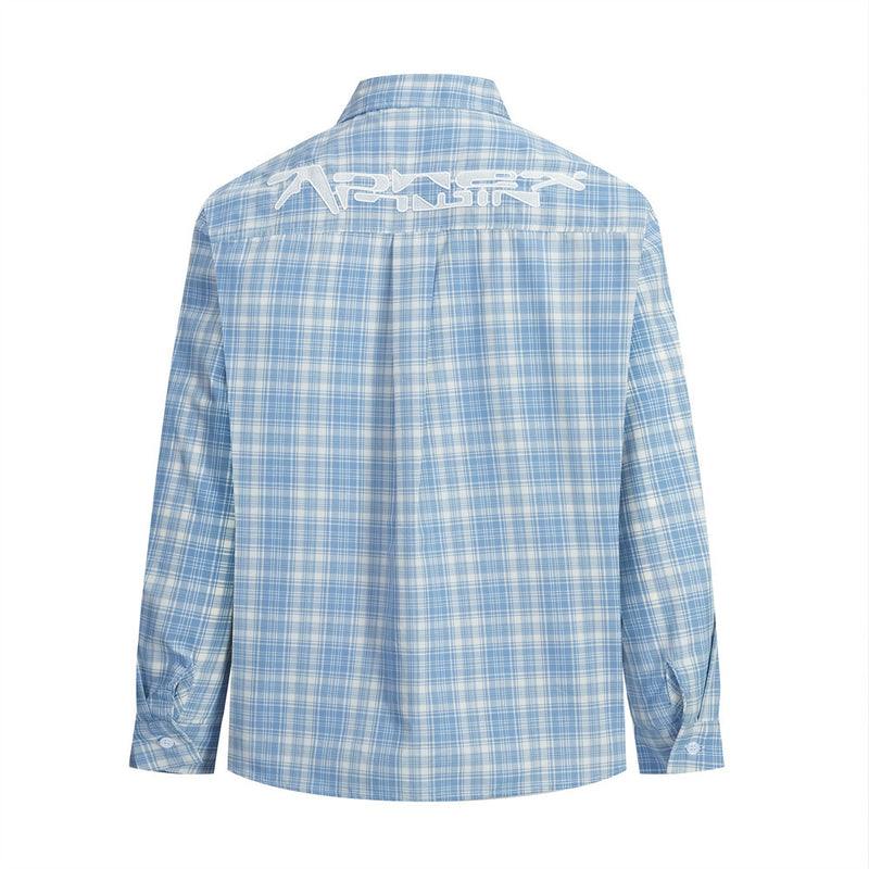 Light blue plaid long sleeve shirt back view with white embroidered lettering across the shoulders