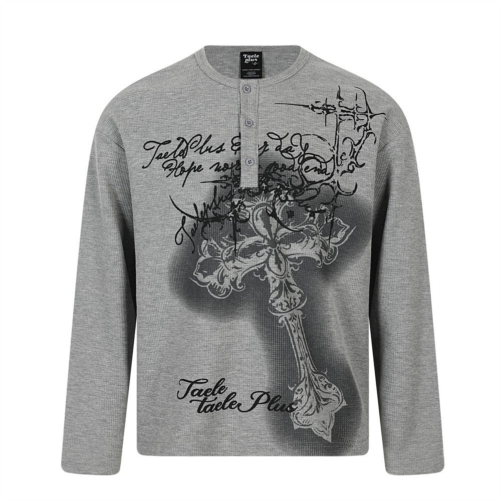 Gothic Cross Graphic Waffle Knit Henley Long Sleeve Shirt – Oversized Fit