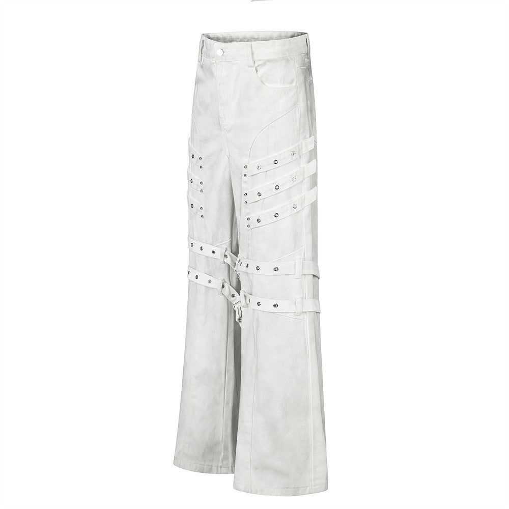 Men's Bell Bottom Jeans with Gothic Harness Straps, Metal Eyelets & Ribbon