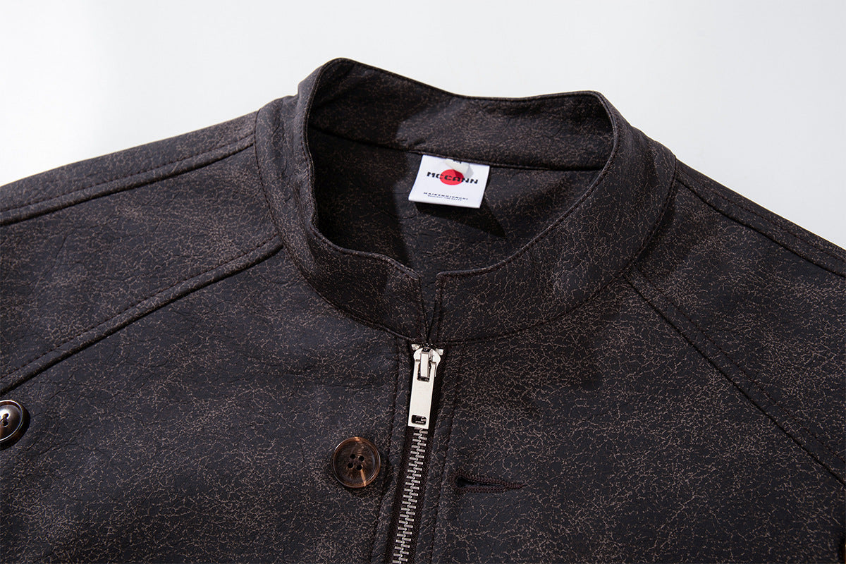 Double-Breasted PU Leather Moto Jacket – Vintage Napoleon Style