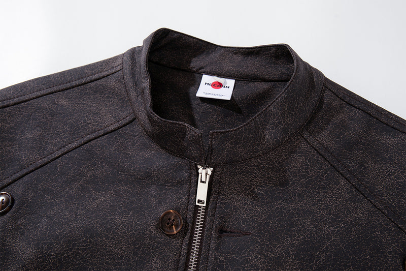 Double-Breasted PU Leather Moto Jacket – Vintage Napoleon Style