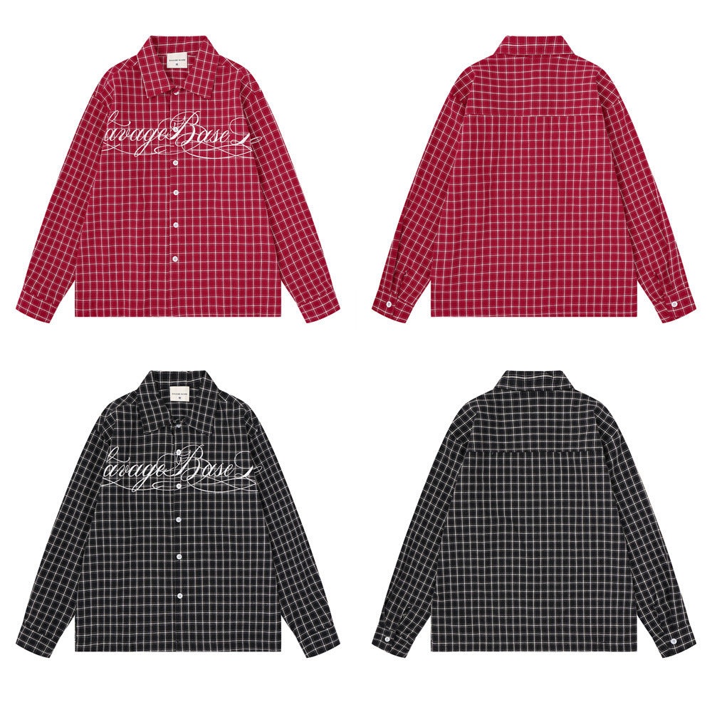 Plaid Long Sleeve Shirt – Savage Base Script Embroidery, Relaxed Fit