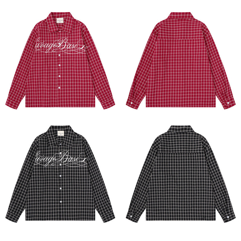 Plaid Long Sleeve Shirt – Savage Base Script Embroidery, Relaxed Fit