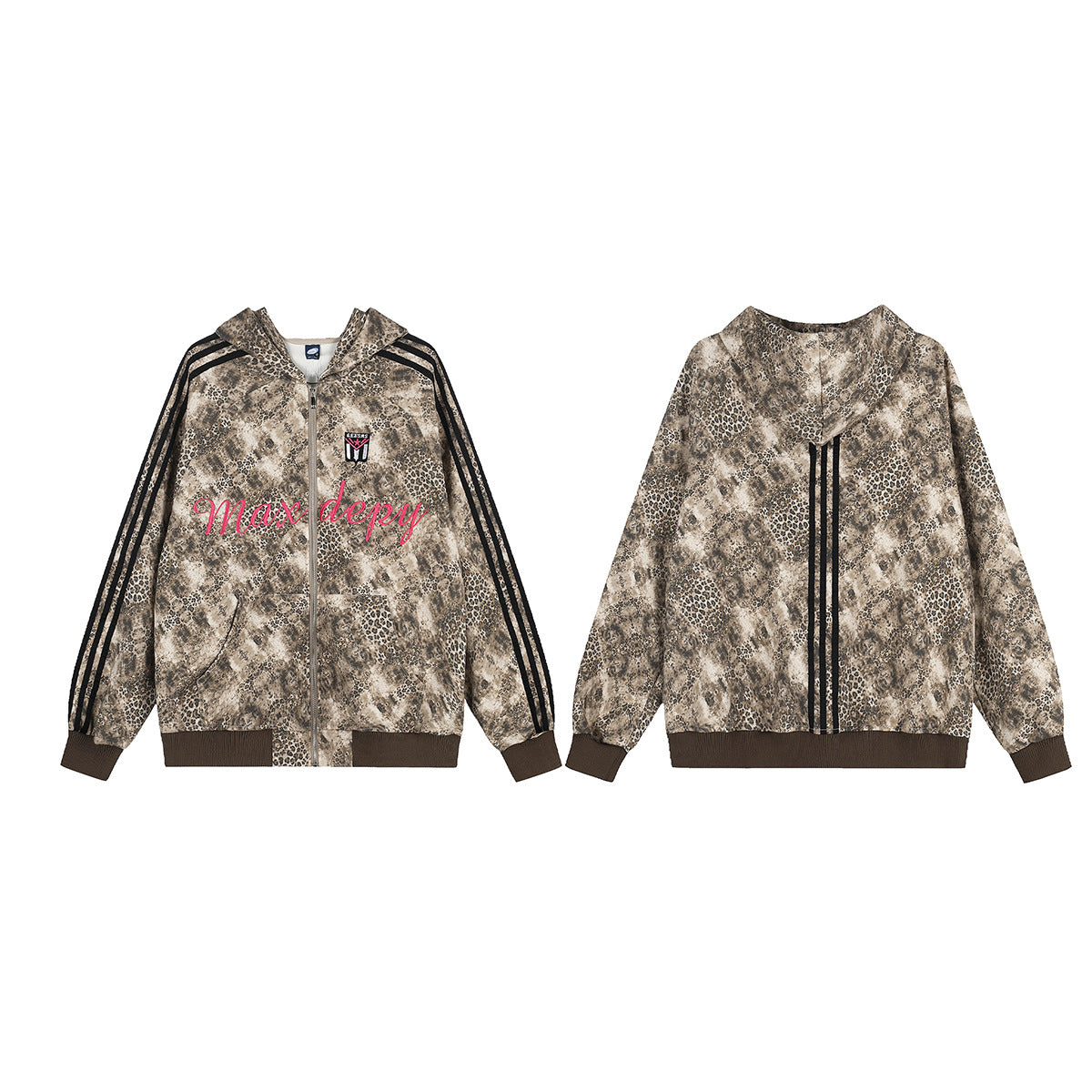 Hoodie mit Reißverschluss, Leopardenprint und Drei-Streifen-Detail