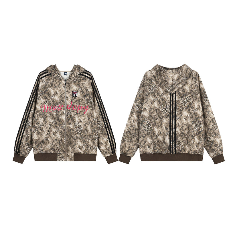 Hoodie mit Reißverschluss, Leopardenprint und Drei-Streifen-Detail