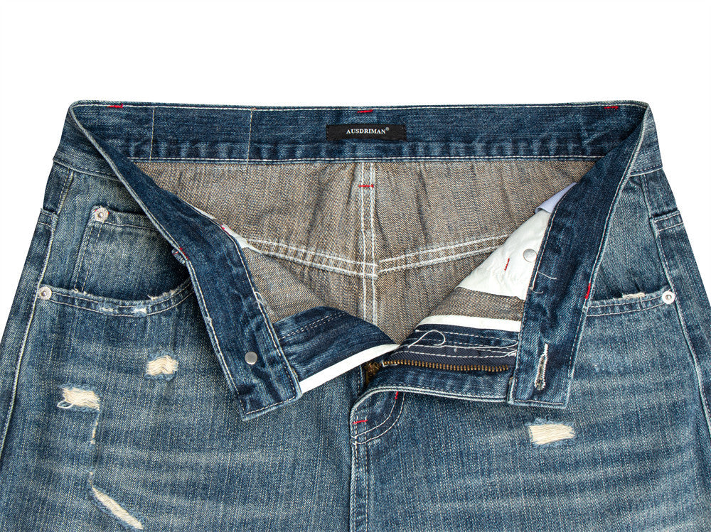 Wide-Leg Distressed Jeans – Men's Washed Blue Baggy Straight Denim