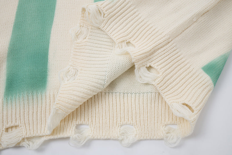 Pull en maille rayé et délavé – Col rond oversize, streetwear vintage américain