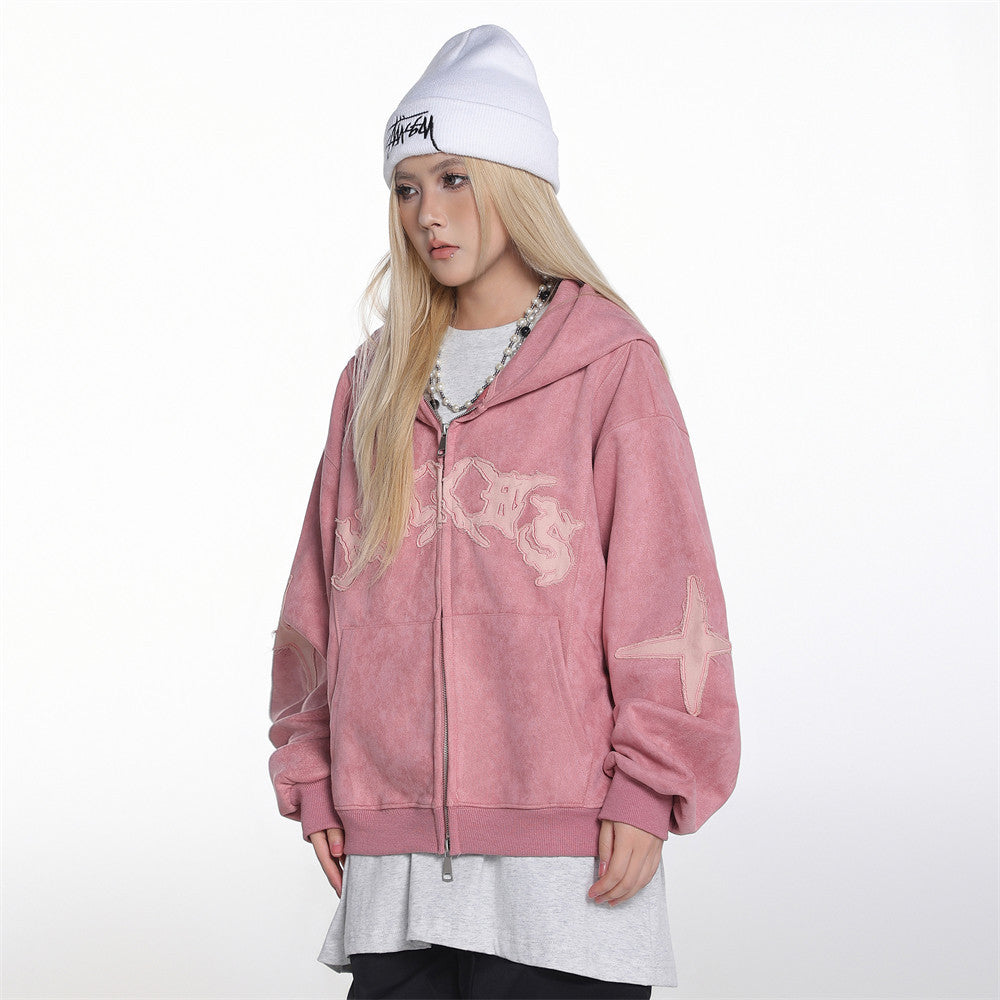 Baggy Zip Up Hoodie with Letter Appliqué — Oversized Streetwear Zip Hoodie