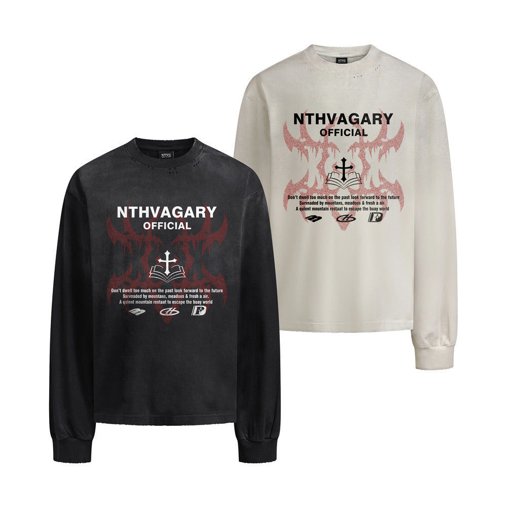 Long Sleeve T-Shirt with Cross & Flame Graphic, Distressed Washed Cotton