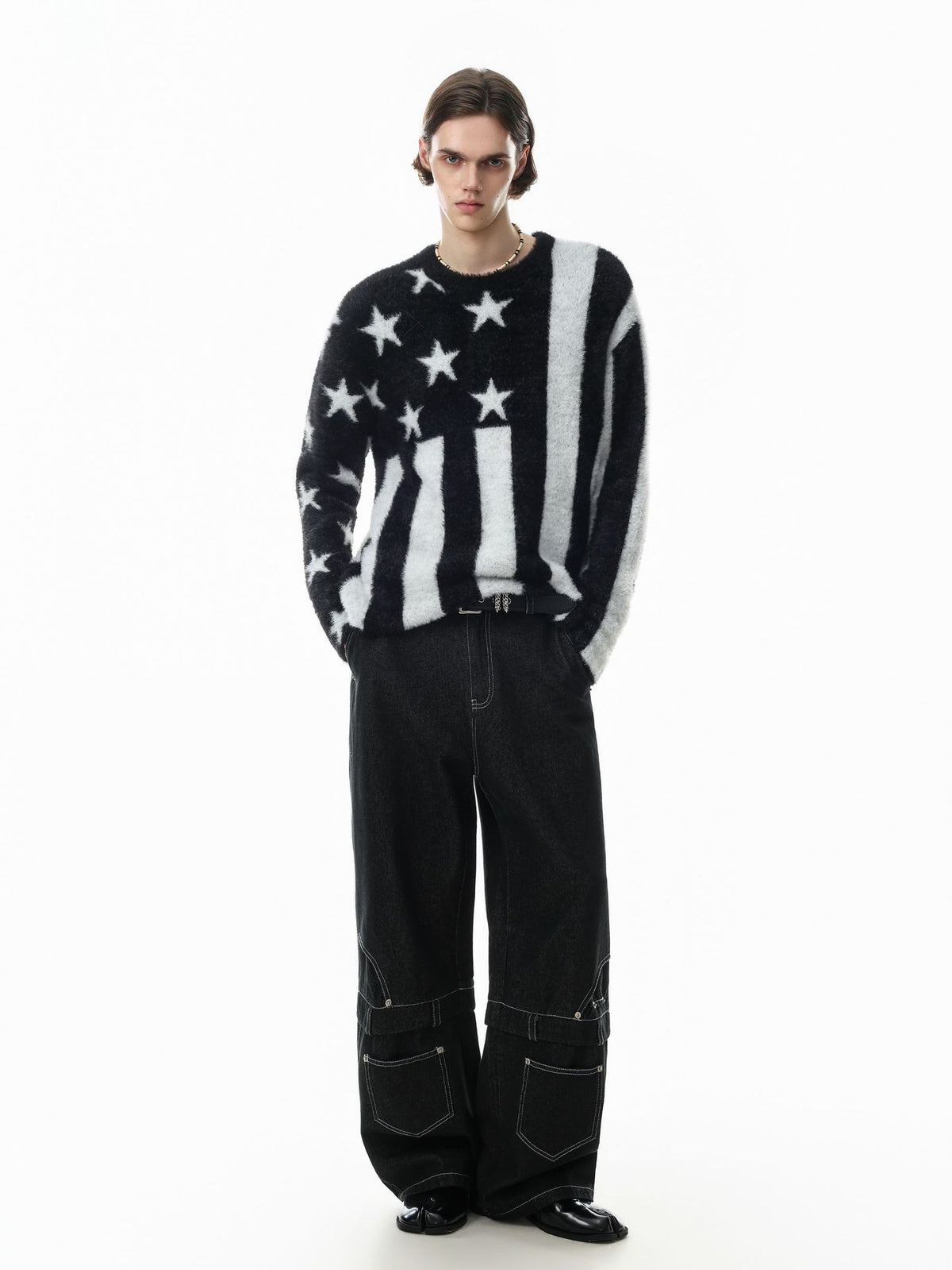 Stars & Stripes Fuzzy Knit Sweater – Black & White American Flag Pattern
