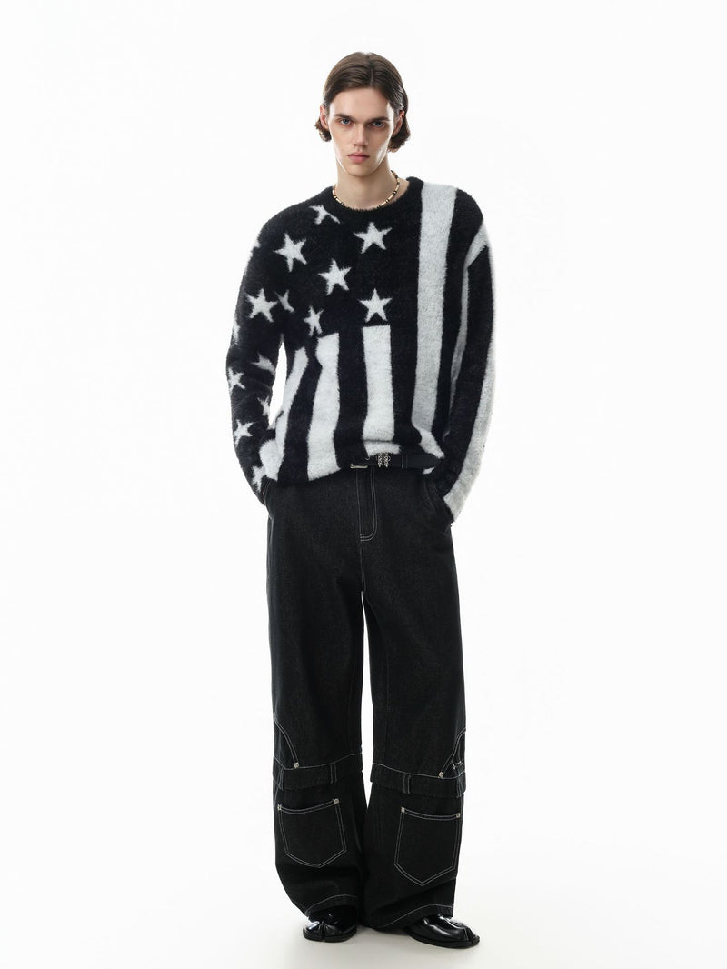 Stars & Stripes Fuzzy Knit Sweater – Black & White American Flag Pattern