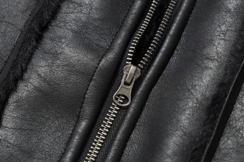 Leather Jacket with Fur Collar – Black Bomber Moto Jacket with Cargo Pockets &
