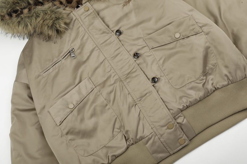 Leopard Print Fleece-Lined Bomber Jacket with Faux Fur Hood