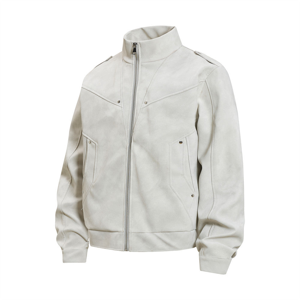 Men's Retro Distressed Suede-Texture PU Leather Stand Collar Bomber Jacket