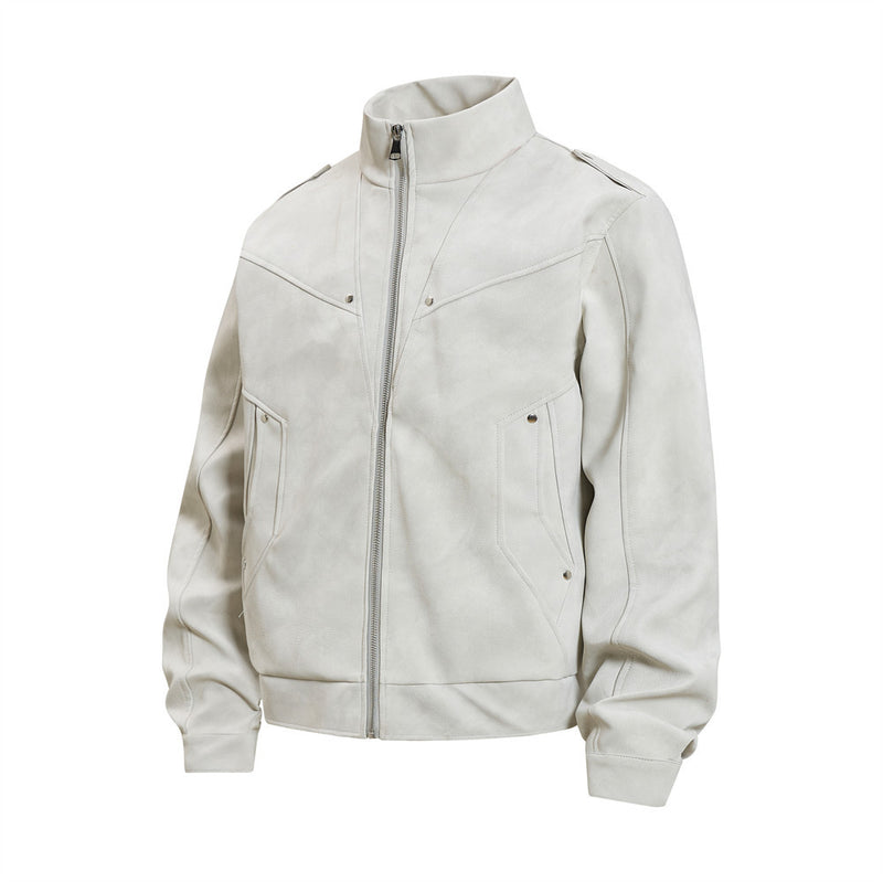 Men's Retro Distressed Suede-Texture PU Leather Stand Collar Bomber Jacket