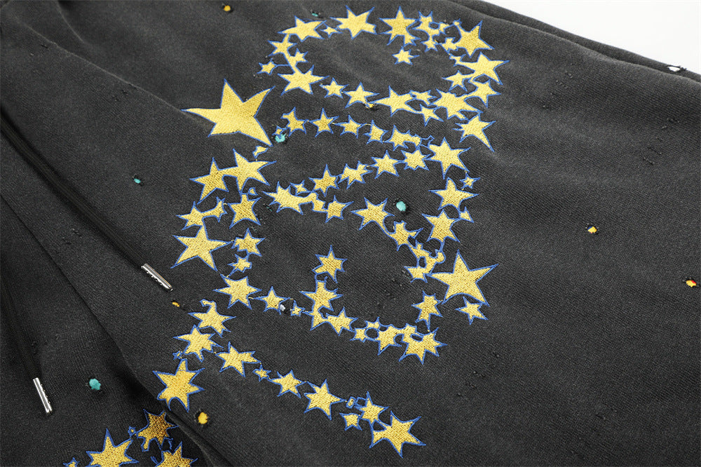 Pantalones de Chándal de Pierna Ancha con Estrellas Bordadas – Pantalones Streetwear Baggy Lavados al Ácido