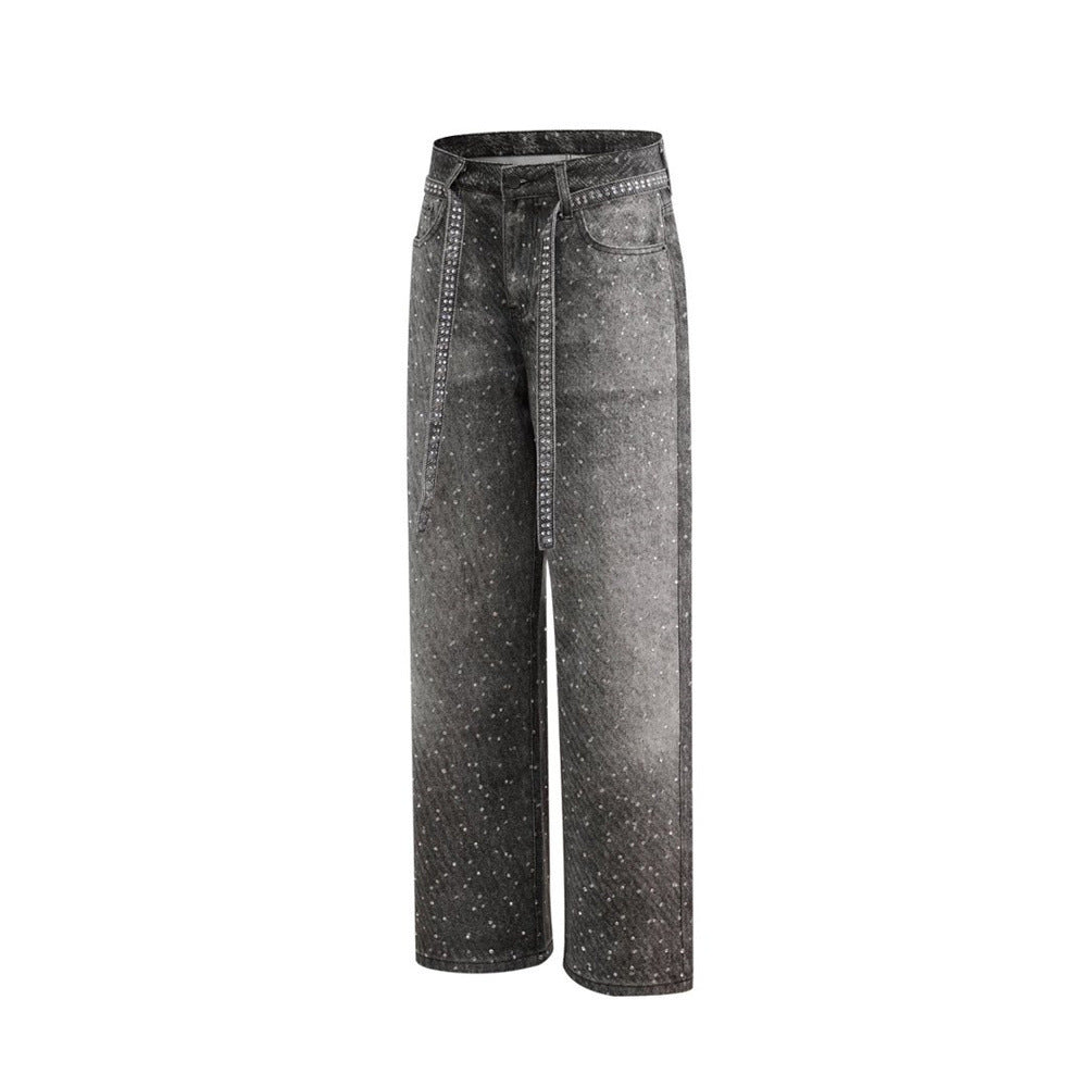 Y2K Baggy Jeans Mens Wide-Leg Rhinestone Embellished Denim Pants