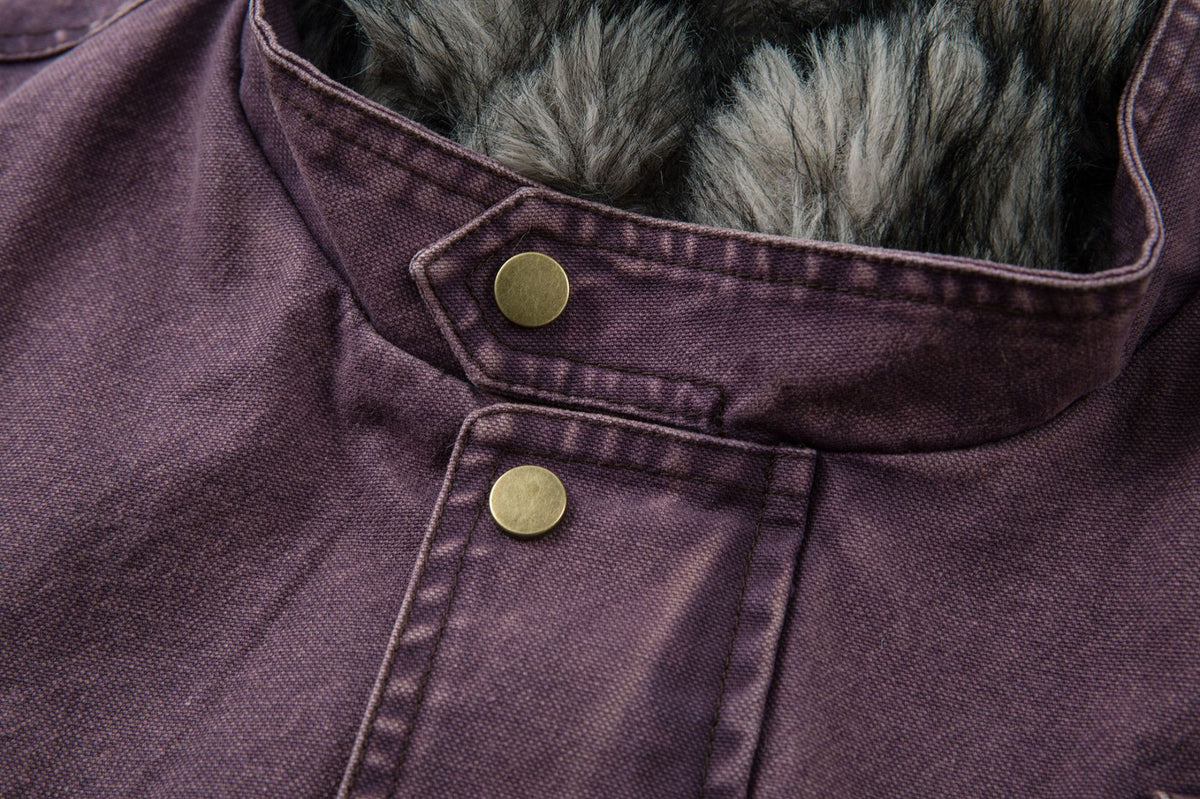 Washed Denim Bomber Jacket with Faux Fur Collar & Fleece Lining – Vintage