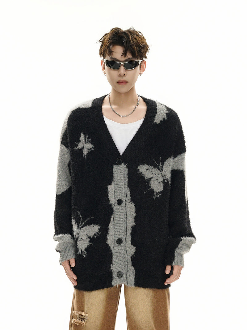 Gilet cardigan en maille jacquard papillon – Col V oversize, maille couple