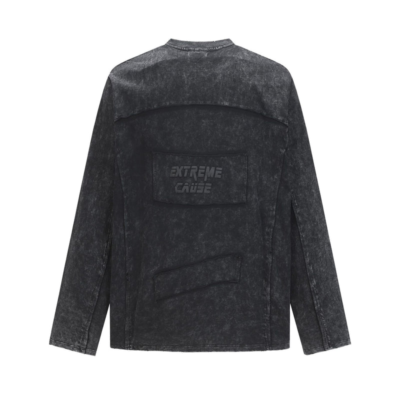 Pull homme gris à col rond – Délavé à l’acide, déstructuré, manches longues à bords bruts
