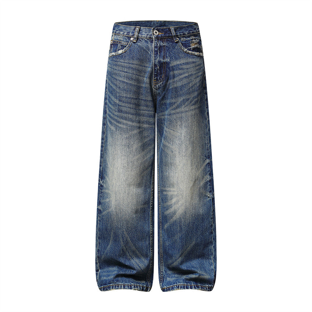 Wide-Leg Distressed Baggy Jeans – Men's Washed Vintage Straight-Cut Denim