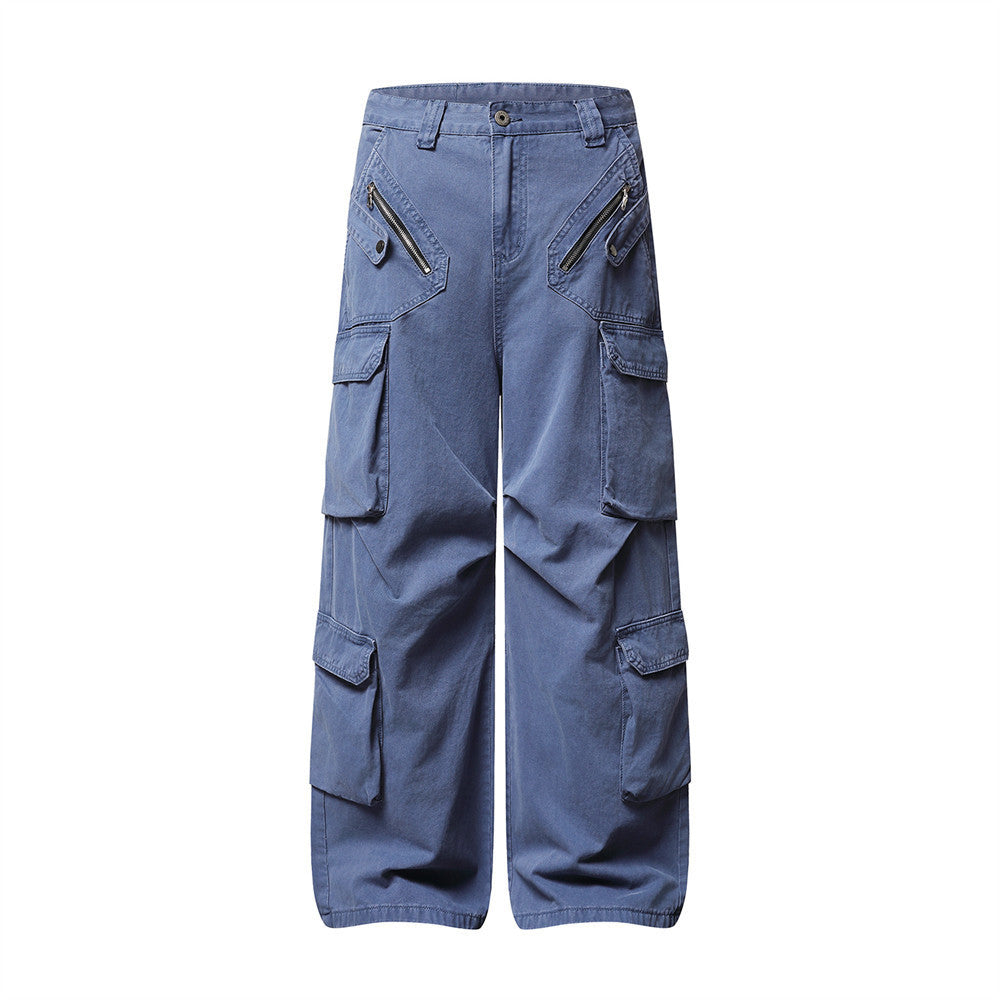 Wide-Leg Cargo Pants – Multi-Pocket Washed Vintage Streetwear Trousers