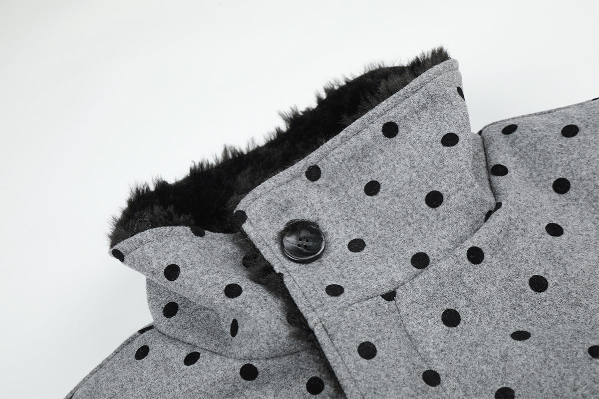 Polka Dot Wool-Blend Jacket with Faux Fur Collar – Oversized Retro Outerwear