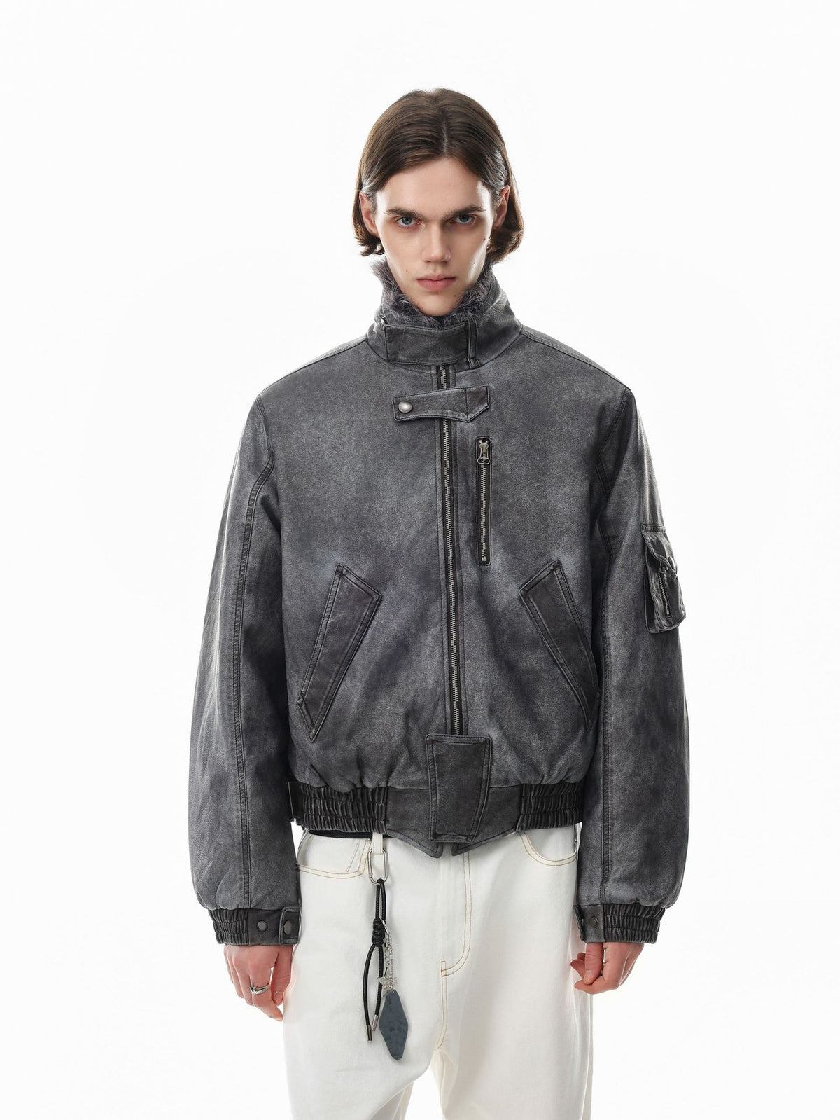 Vintage Washed Bomber Jacket with Faux Fur Collar — Oversized Padded Flight